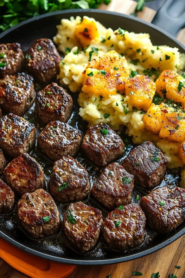 Savory Garlic Steak Bites With Cheesy Potatoes Recipe