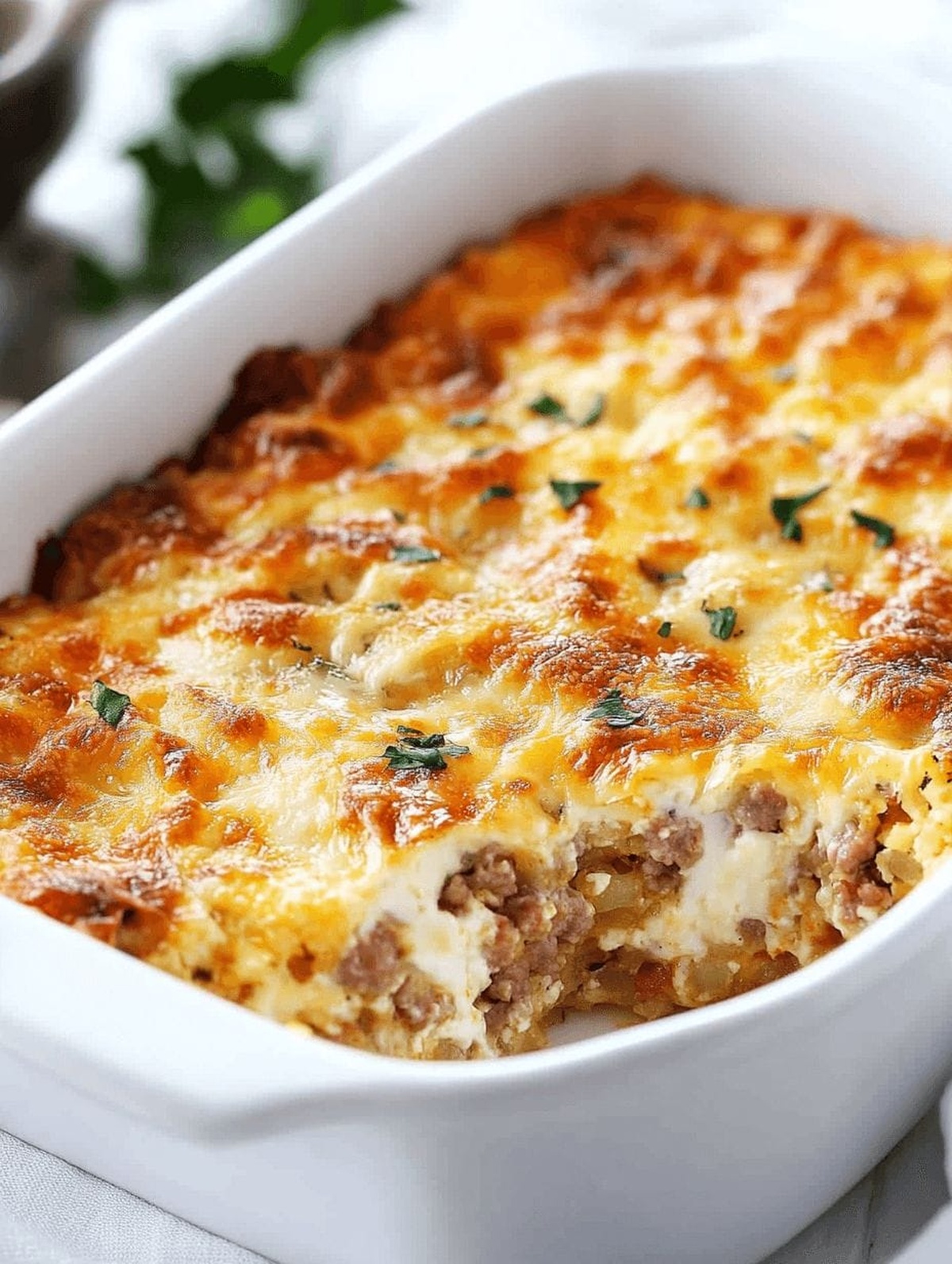 Savory Sausage, Egg & Cream Cheese Hash Brown Breakfast Casserole Recipe
